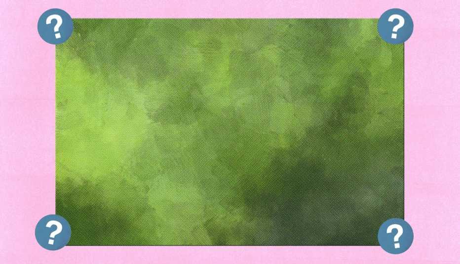 green textured rectangle with a question mark in each corner