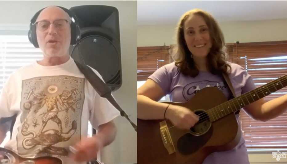 Screenshots of volunteer Musicians Matthew and Sarah Dedicate “Three Little Birds” to Patients