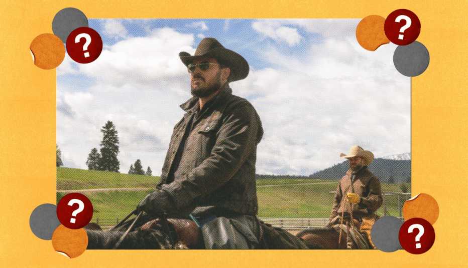 two men riding horses in a scene from Yellowstone