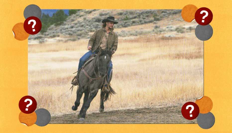a man riding a horse in a scene from Yellowstone