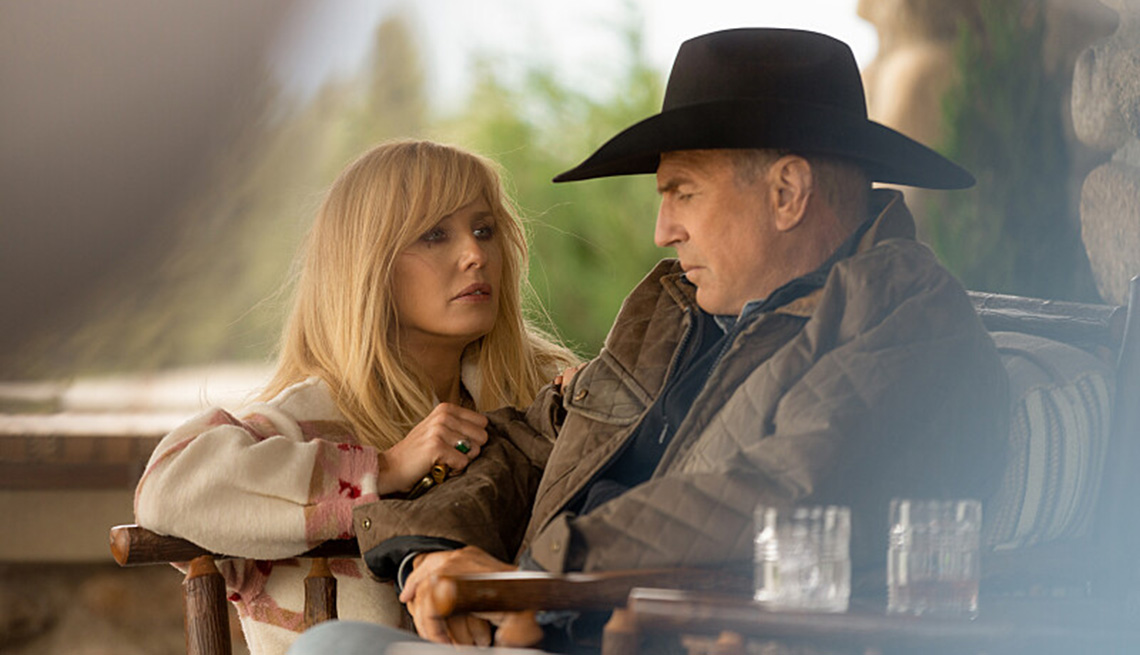 Kelly Reilly and Kevin Costner in a scene during Season 5 of Yellowstone