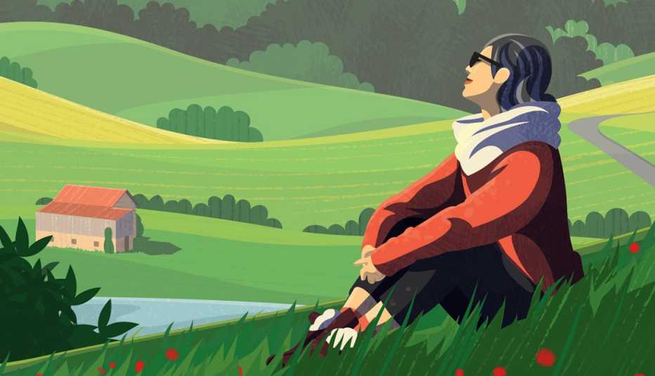 Illustration of person sitting in grass on a hill, staring at more hills, trees and building