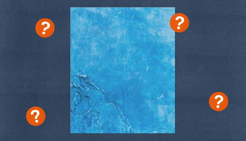 Light blue square; surrounded by red circles with question marks in them