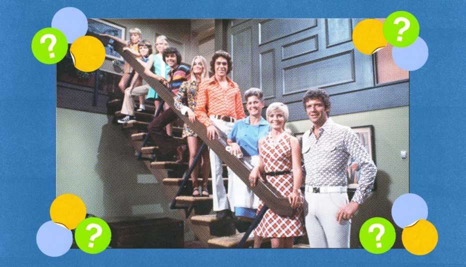 Cast of Brady Bunch standing on stairs; Cindy (Susan Olsen), Bobby (Mike Lookinland), Jan (Eve Plumb), Peter (Christopher Knight), Marcia (Maureen McCormack), Greg (Barry Williams), Alice (Ann B. Davis) was the family's housekeeper Carol (Florence Henderson) and Mike (Robert Reed) surrounded by yellow, blue and green circles with question marks in them