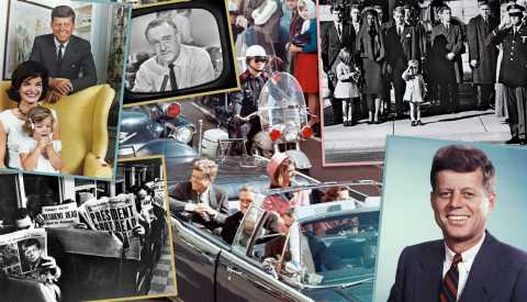 Collage of images of President John F Kennedy relating to his assassination
 collage of images of john f kennedy including one of the final photos taken in the car before the assassination walkter cronkite reporting on the news john john saluting at the funeral and a family photo with caroline