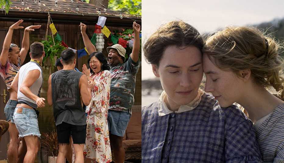 The cast of Fire Island throw up their arms in the air in happiness and Kate Winslet and Saoirse Ronan place their heads against one another in the film Ammonite
