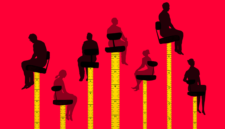 measuring tapes with people on office chairs on top and the men higher than the women