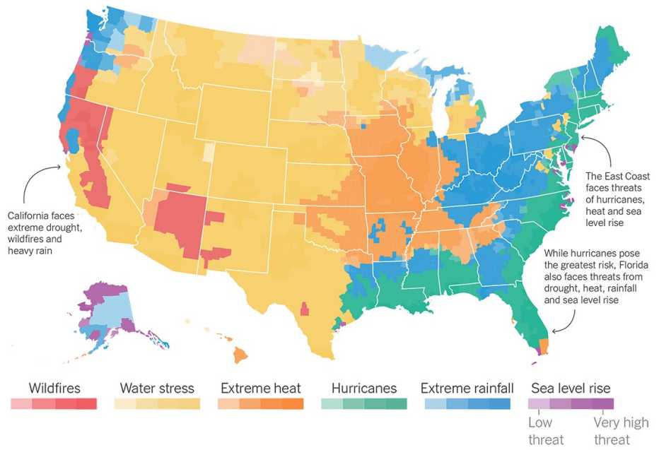 map showing different climate risks throughout the united states such as wildfires drought heat hurricanes or extreme rainfall and sea level rise