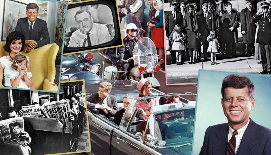 collage of images of john f kennedy including one of the final photos taken in the car before the assassination walkter cronkite reporting on the news john john saluting at the funeral and a family photo with caroline