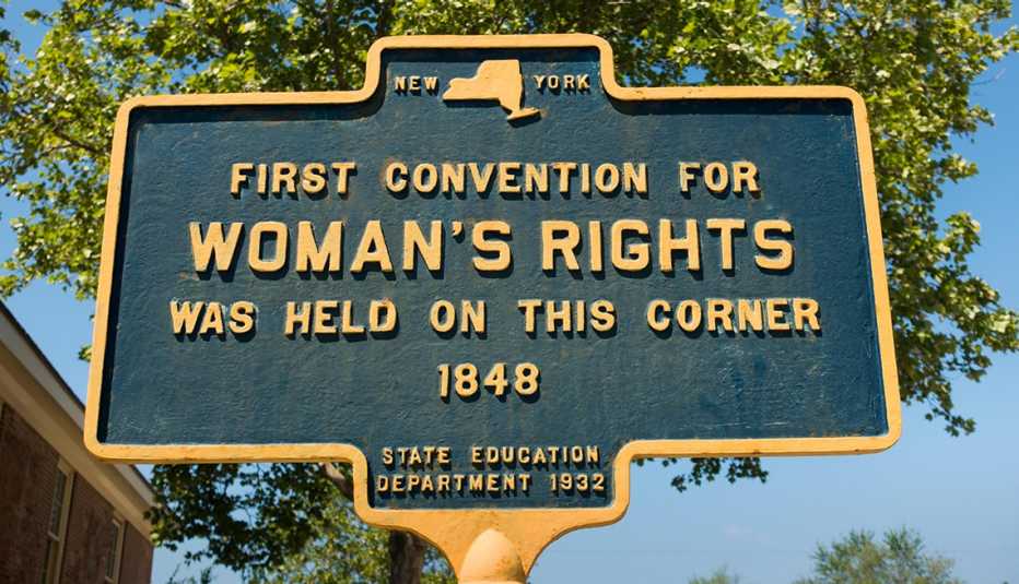 A historical sign in Seneca Falls New York