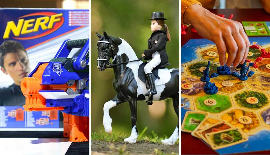 left nerf gun center breyer horse right settlers of catan