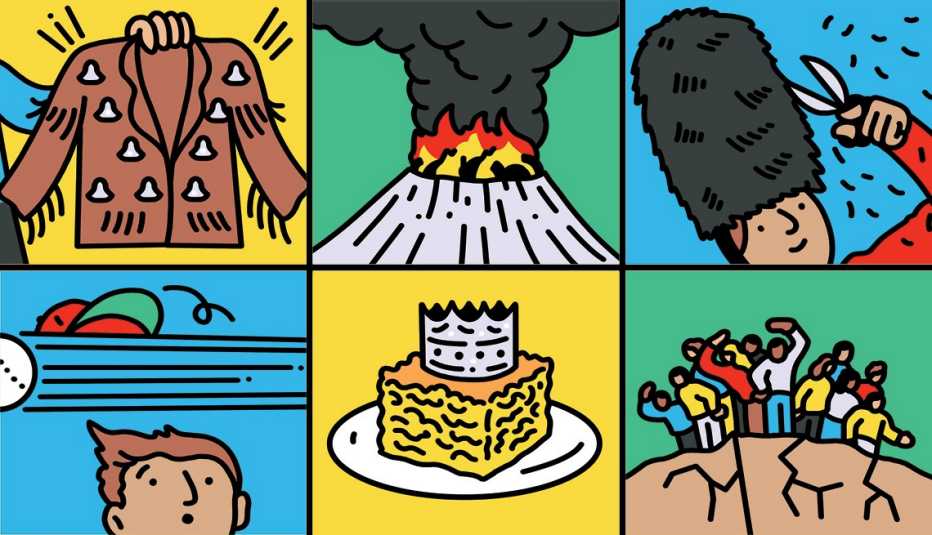 Illustration of coat with tassles on it in top left; illustration of volcano in top center; illustration of person with fur hat trimming it with scissors in top right; illustration of man looking up at baseball flying over head in bottom left; illustration of noodles with crown on it in bottom center; illustration of people standing on cracked cliffs in bottom right illustration of coat with tassles on it in top left; illustration of volcano in top center; illustration of person with fur hat trimming it with scissors in top right; illustration of man looking up at baseball flying over head in bottom left; illustration of noodles with crown on it in bottom center; illustration of people standing on cracked cliffs in bottom right