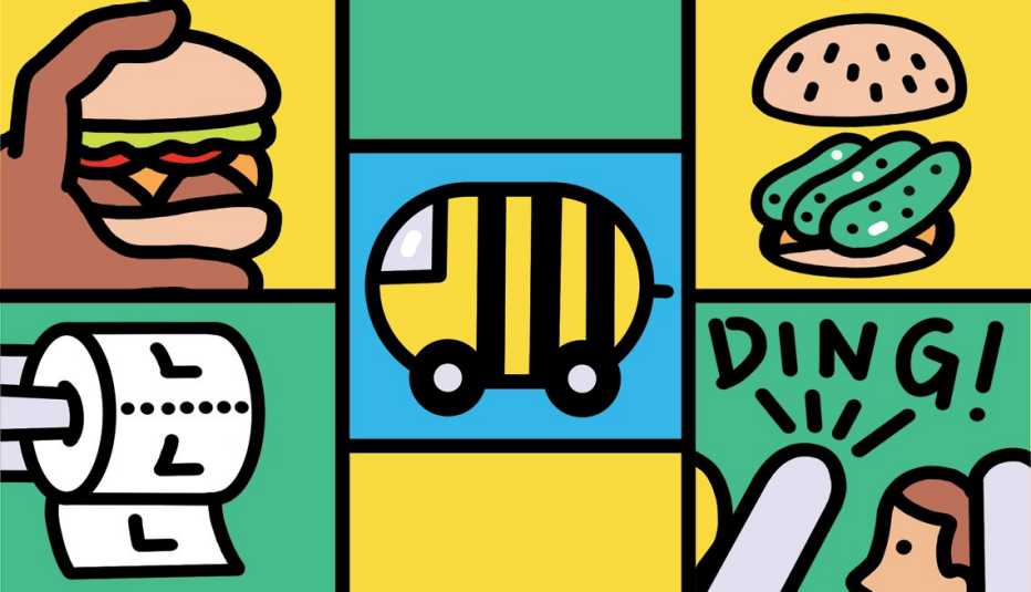 illustration of cheeseburger in top left, illustration of toilet paper with L on it in bottom left; illustration of car that looks like a bee in center; illustration of pickles on burger bun in top right; illustration of seat reclining on plane with person behind it and the word ding above in bottom right
