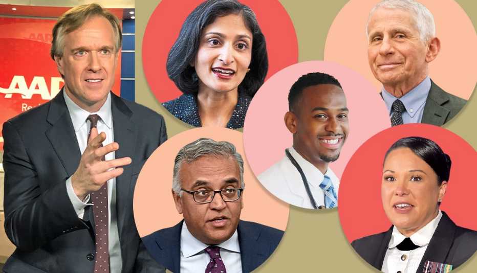 Host Bill Walsh and some of the high-profile guests who have participated in AARP COVID-19 tele-town halls since 2020: (clockwise from top left): Meena Seshamini, M.D. - Deputy Administrator/director, Center for Medicare; Anthony Fauci - Director, National Institute of Allergy and Infectious Diseases, National Institutes of Health; Adelaida Rosario - Lieutenant, U.S. Public Health Service, Office of the Surgeon General; Ashish Jha, M.D., White House COVID-19 response coordinator; and Cameron Webb, M.D., Senior policy adviser for COVIS-19 equity, White House COVID-19 Response Team