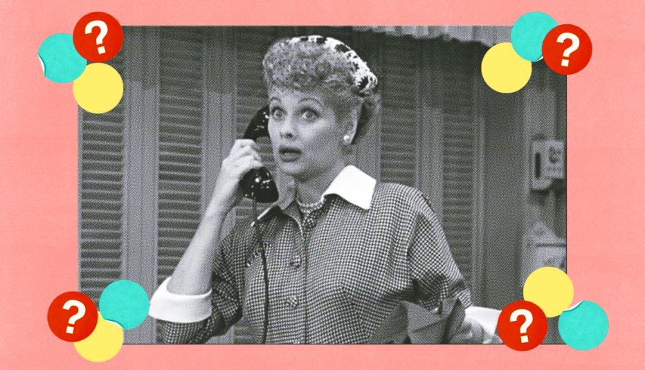 Lucille Ball as Lucy Ricardo talking on the telephone in a still from I Love Lucy; surrounded by yellow, teal and red circles with question marks in them