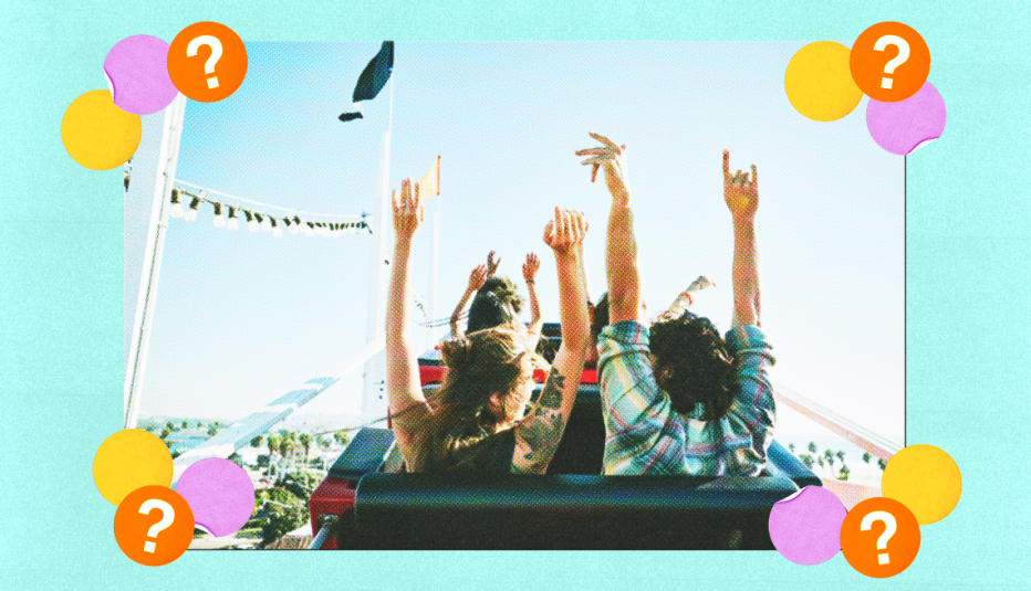 People with hands raised on roller coaster surrounded by yellow, purple and orange circles with question marks in them