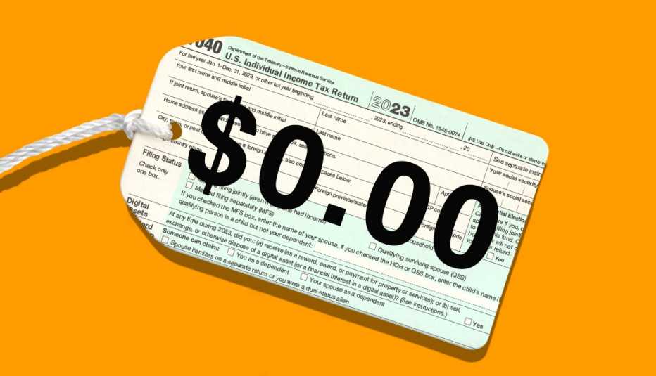 a price tag made out of a ten forty tax form and the price of zero dollars and zero cents overlaid on it concept of free tax prep help