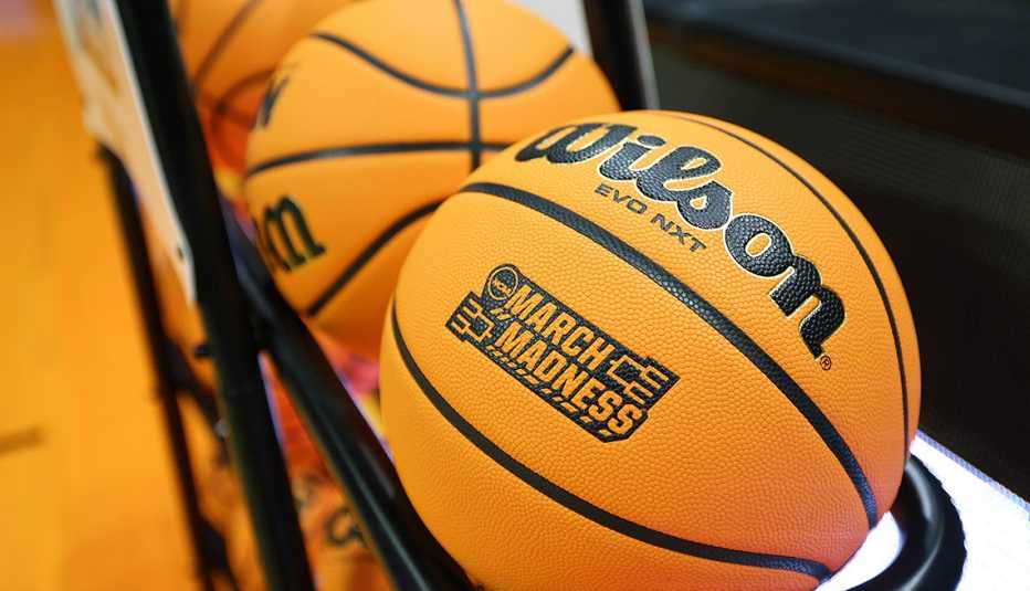 a basketball with the march madness logo on it