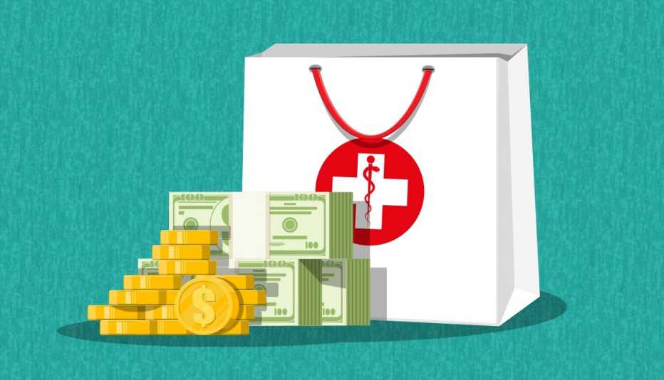 bag of medicine from pharmacy next to stacked money