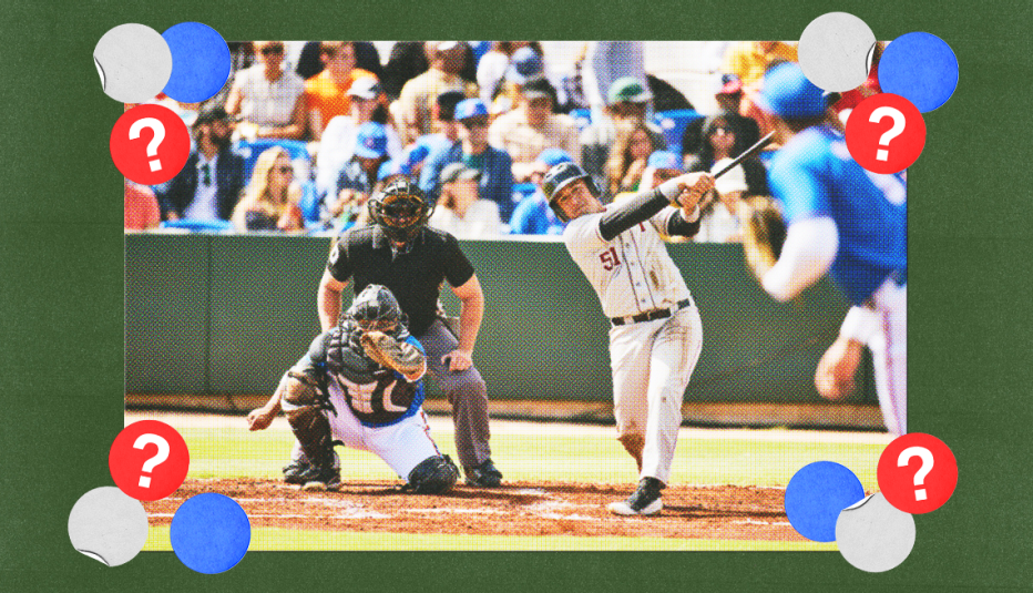 Baseball player swinging bat; catcher behind home plate; umpire behind catcher; crowd in stands; surrounded by white, blue and red circles with question marks in them