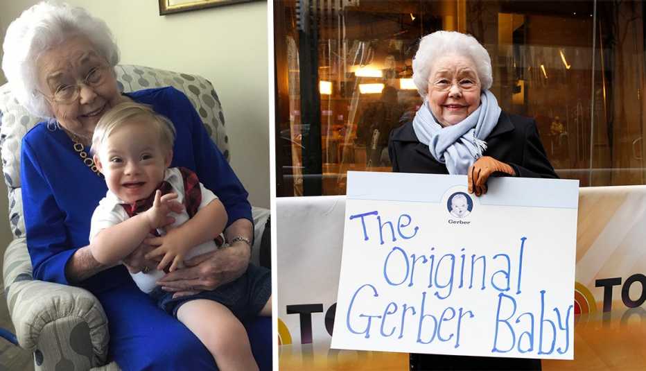 Original Gerber Baby, now 91, holds newest Gerber Baby, age one. Original Gerber Baby, now 91, holds newest Gerber Baby, age one.