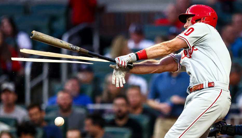 J.T. Realmuto of the Philadelphia Phillies breaks his bat Sept. 17 during a game against the Atlanta Braves 