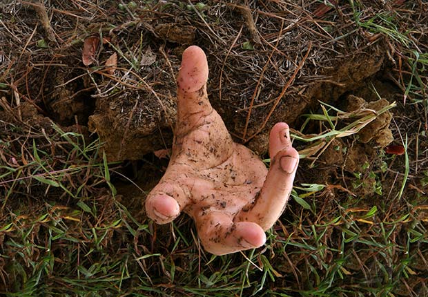 what we believe skeptical aliens ufo heaven hell zombies angels reincarnation ghosts astrology bigfoot apocalypse vampires poll stats belief hand grave grass (iStockphoto)