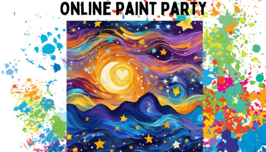 A mountain scape with a glowing moon above, hearts and stars are sprinkled throughout