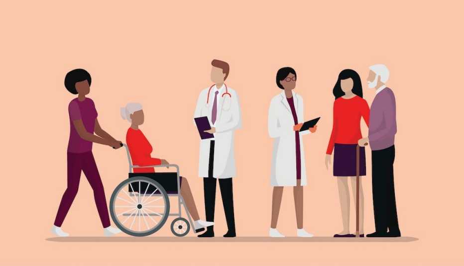 Illustration of healthcare professionals and caregivers assisting older adults with mobility needs