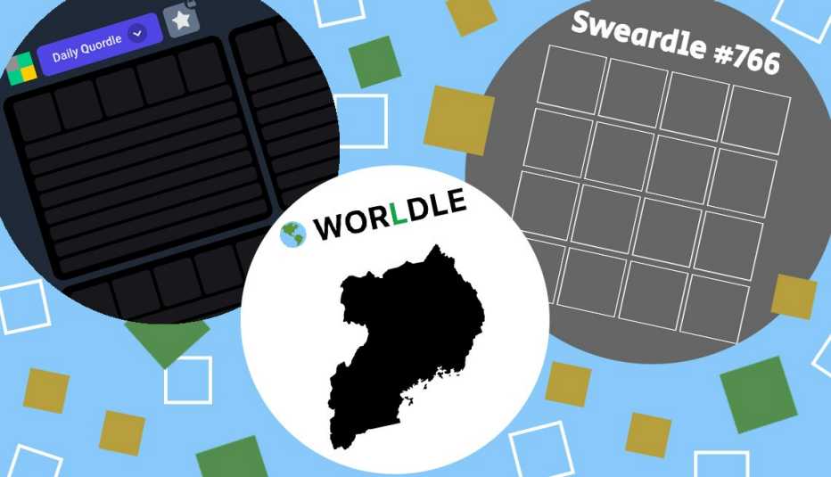 An illustrated collage combine circles representing Daily Quordle, Sweardle and Worldle