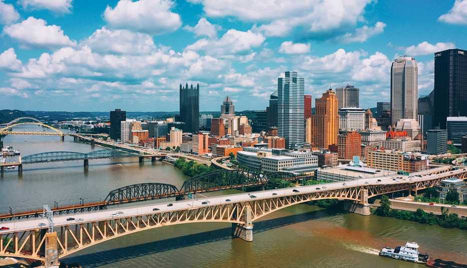 Freedom bridge in Pittsburgh city Pennsylvania downtown aerial view