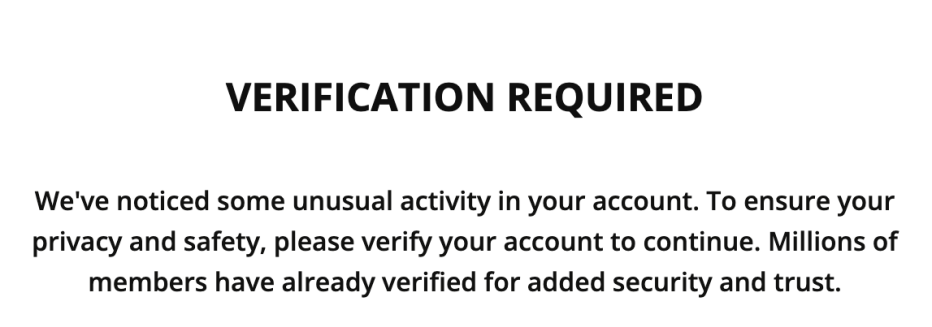 A screenshot of the verification page during SeniorMatch sign-up.
