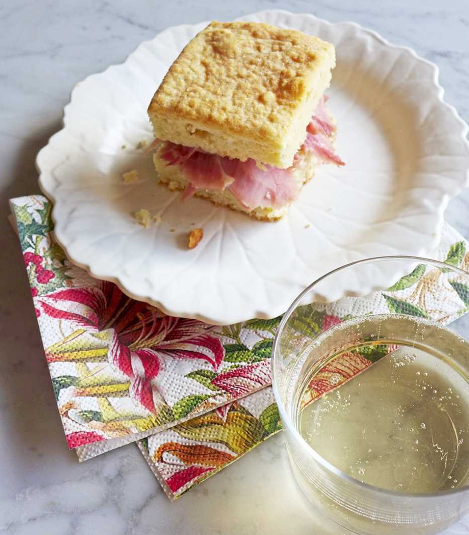 biscuit with ham on a pretty plate