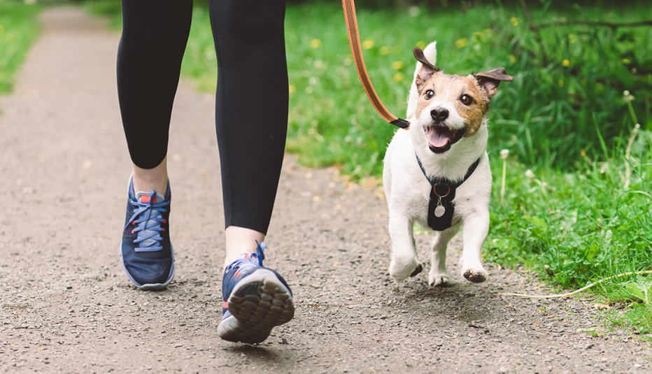a woman walking her small dog