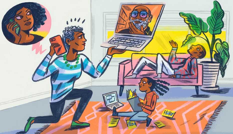 illustration of one person trying to balance the needs of an entire family talking on a phone while having a meeting with another member on a laptop and dealing with two kids at the same time