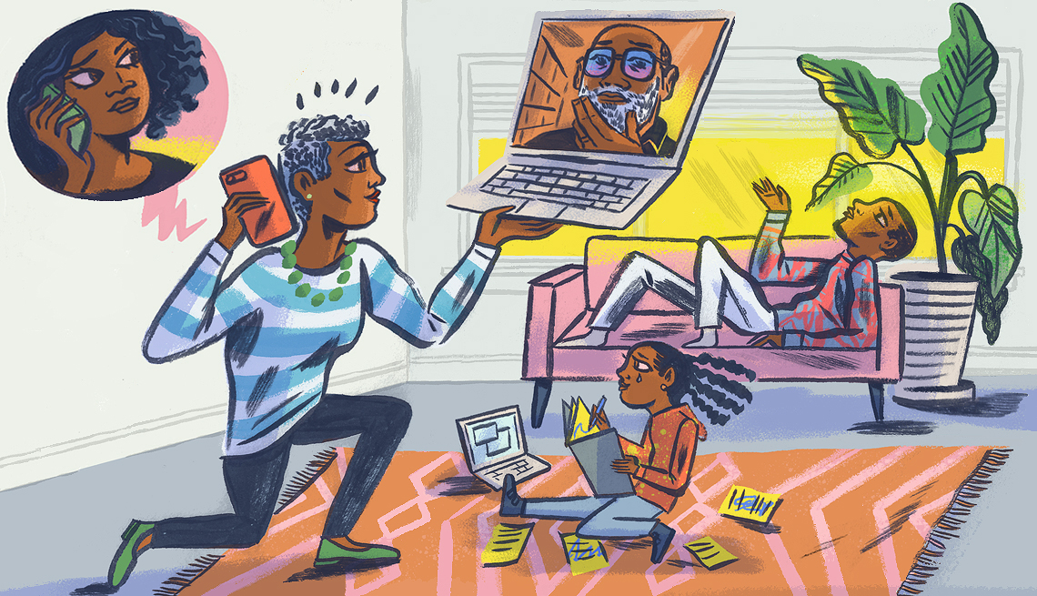 illustration of one person trying to balance the needs of an entire family talking on a phone while having a meeting with another member on a laptop and dealing with two kids at the same time
