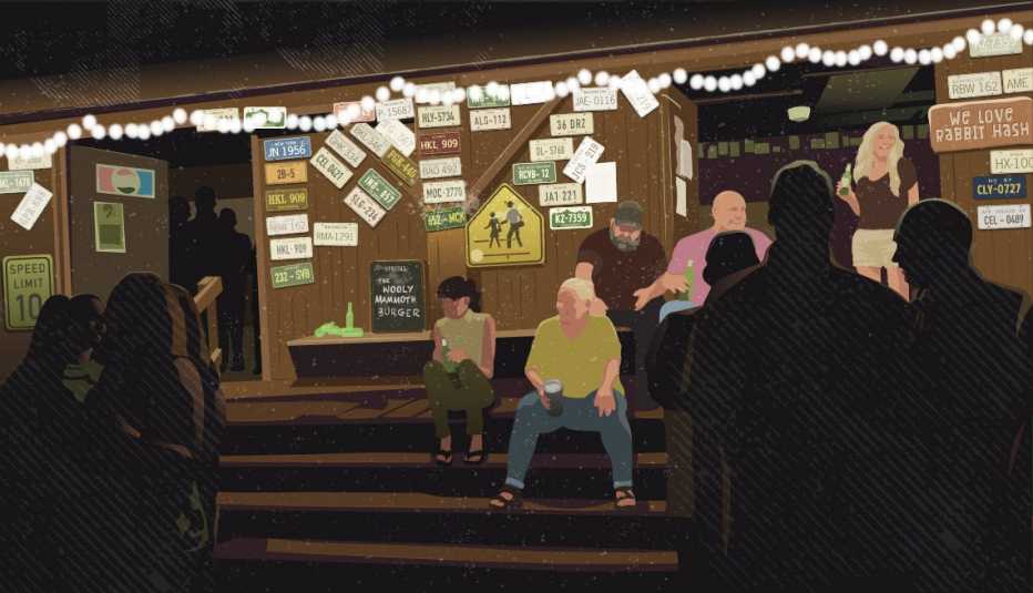 Illustration of a crowd gathered at an outdoor bar in Rabbit Hash, Kentucky. Illustration of a crowd gathered at an outdoor bar in Rabbit Hash, Kentucky.