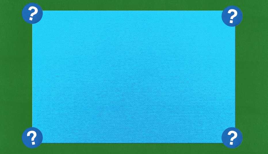 Light blue rectangle; surrounded by blue circles with question marks in them