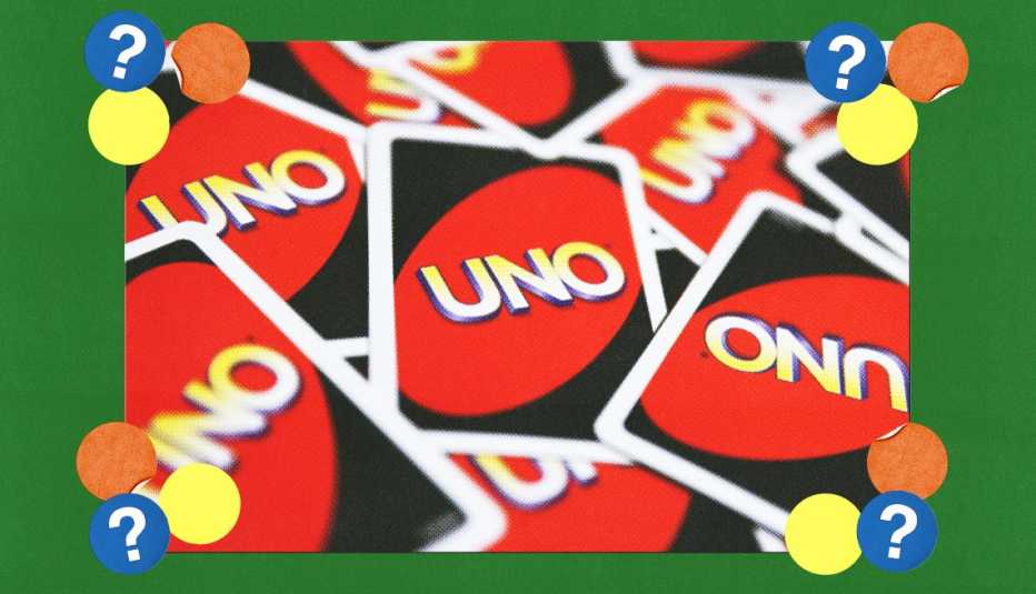 A bunch of Uno cards; surrounded by yellow, orange and blue circles with question marks in them