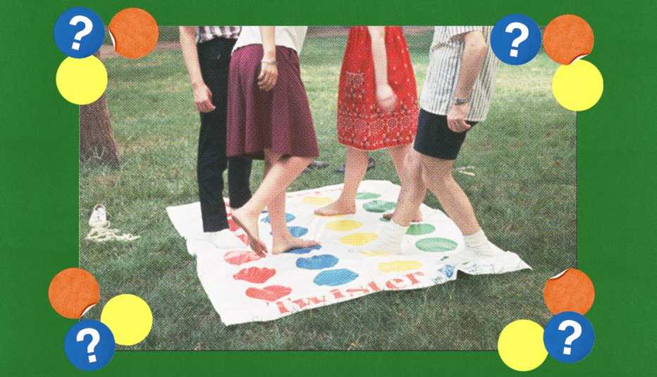 Four people standing on the game Twister; surrounded by yellow, orange and blue circles with question marks in them