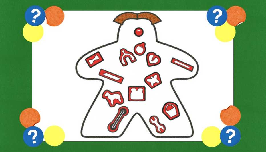 Meeple shaped like Operation Game with all sorts of pieces inside of it; surrounded by yellow, orange and blue circles with question marks in them