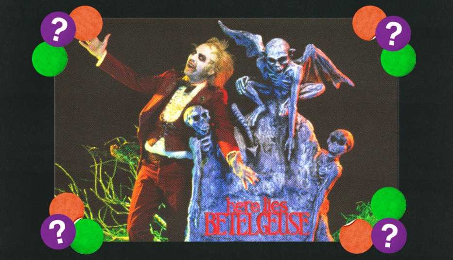 Michael Keaton as Beetlejuice next to tombstone that says Here Lies Betelgeuse; surrounded by orange, green and purple circles with question marks in them