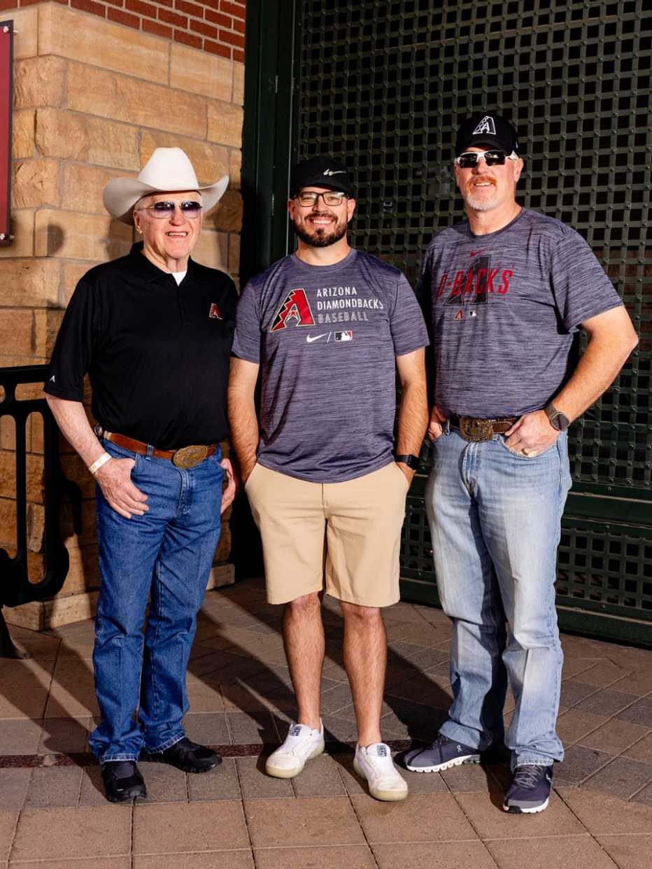 from left to right diamondbacks fans rick lawlar then dustin harper then howdy lawlar