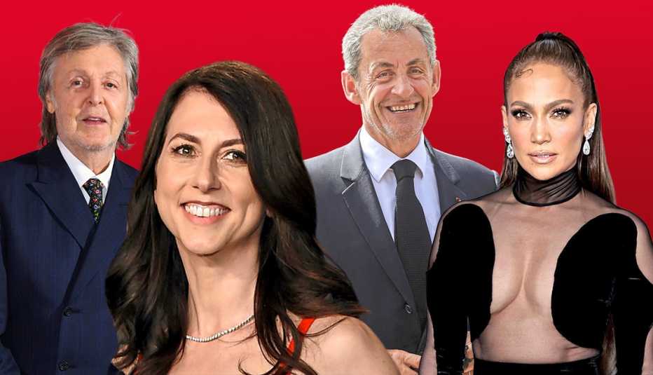 Collage of four celebs who went through breakups after 50: Sir Paul Mc Cartney,  MacKenzie Scott, Nicolas Sarkozy, and Jennifer Lopez