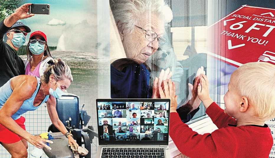 sights from the pandemic people wearing masks a boy visiting his grandmother through a nursing home window a zoom meeting and a six foot distancing sign