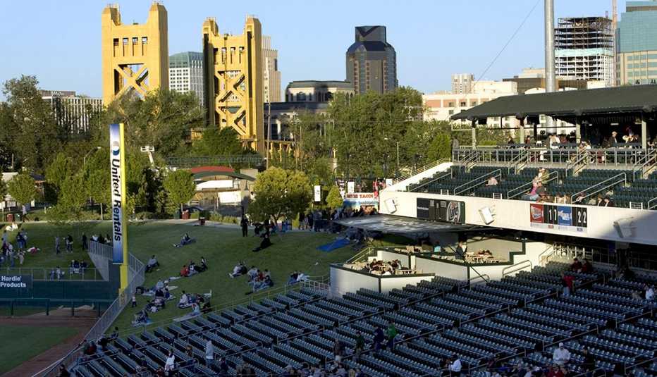 View from the stands at Raley Park in West Sacramento that shows some background city skyline uildings as well