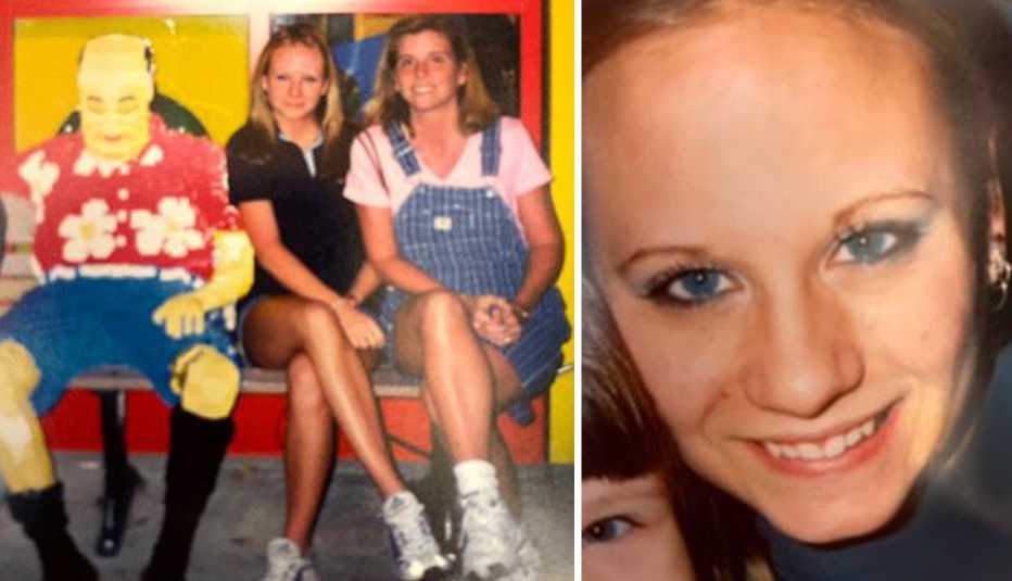 Jackie Duda and her daughter Nicole at Legoland at Disney in 1998; Nicole also in 1998. jackie duda and her daughter nicole in a photograph from nineteen ninety eight at legoland and another closeup image of nicole from around the same time