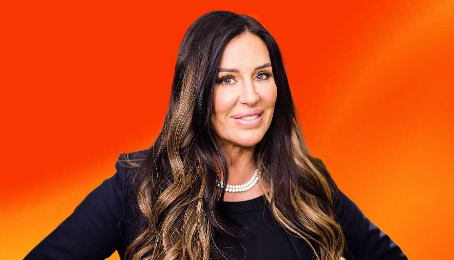 Patti Stanger against orange ombre background