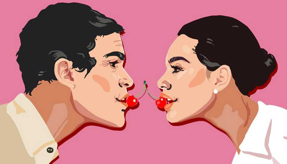 graphic of a man and a woman with a cherry in their mouths