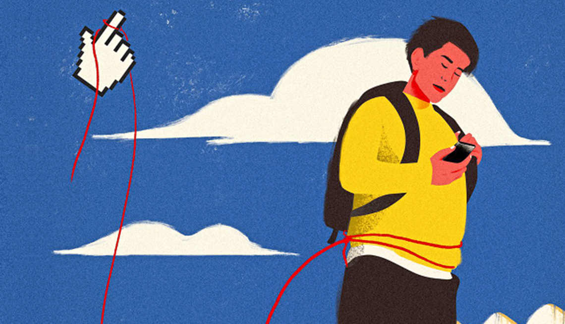 teenager walking and texting with a red thread tied around his waist leading to a digital cursor